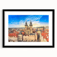 Extra large abstract art print of Prague scenery in colorful, textured style on a black framed mat.