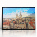 Large abstract wall art of Prague skyline in muted gray tones on a framed acrylic, suitable for modern living room decor.