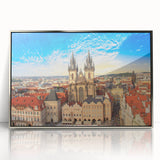 Framed acrylic print of Prague skyline in muted earth tones, ideal for modern art wall decor.