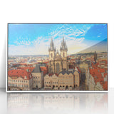 Mid-century modernist art of Prague skyline in muted colors on framed acrylic, ideal for nursery wall decor.