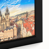 Extra large framed canvas of Prague scenery in black with colorful, textured details, ideal for living room decor.