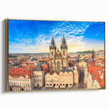 Framed canvas featuring a vintage-style landscape of Prague with muted gold and black tones, ideal for bedroom wall art.