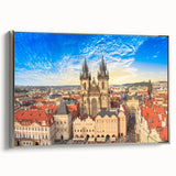Framed canvas landscape art painting depicting colorful vintage-style Prague scenery, ideal for living room decor.