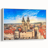 Framed canvas vintage poster art of Prague with colorful, detailed imagery on a large black background.