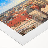 Art deco poster of Prague skyline in muted earth tones on rolled canvas, suitable for dining room decor.