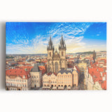 Black and white photograph of Prague skyline on stretched canvas, ideal for kitchen wall art.