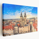 Prague cityscape on large stretched canvas with muted earth tones, ideal for kitchen wall art.