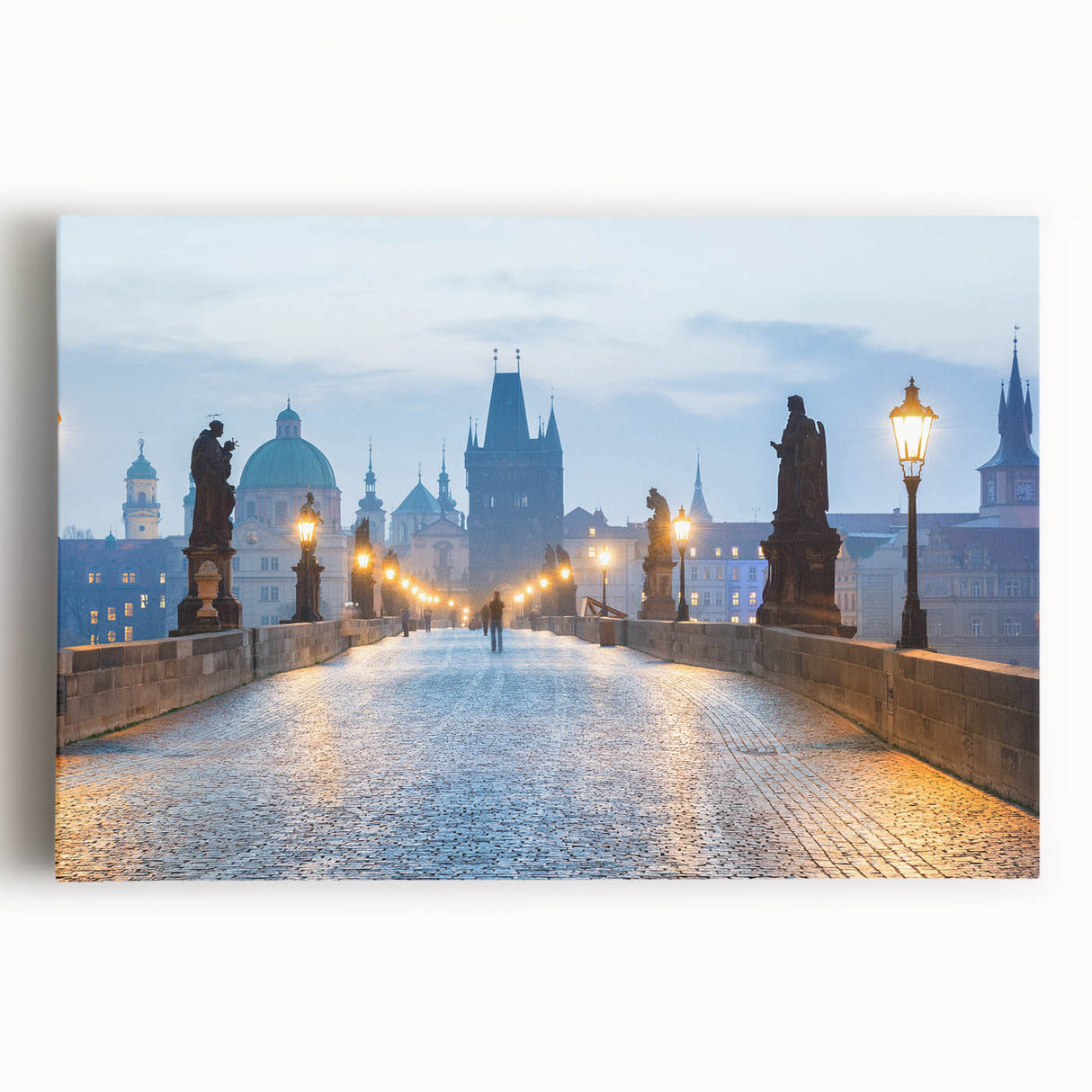 Black and white photo of Charles Bridge, Prague, on large stretched canvas, ideal for kitchen wall art or bedroom.