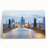 Black and white photograph of a European cityscape on stretched canvas, suitable for kitchen wall art.