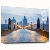 Acrylic print of a European cityscape in muted gray and blue tones, suitable for bedroom or dining room decor.