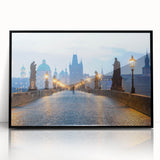 Large abstract wall art depicting a minimalist Czech Republic scenery in muted gray tones on a black framed acrylic print.