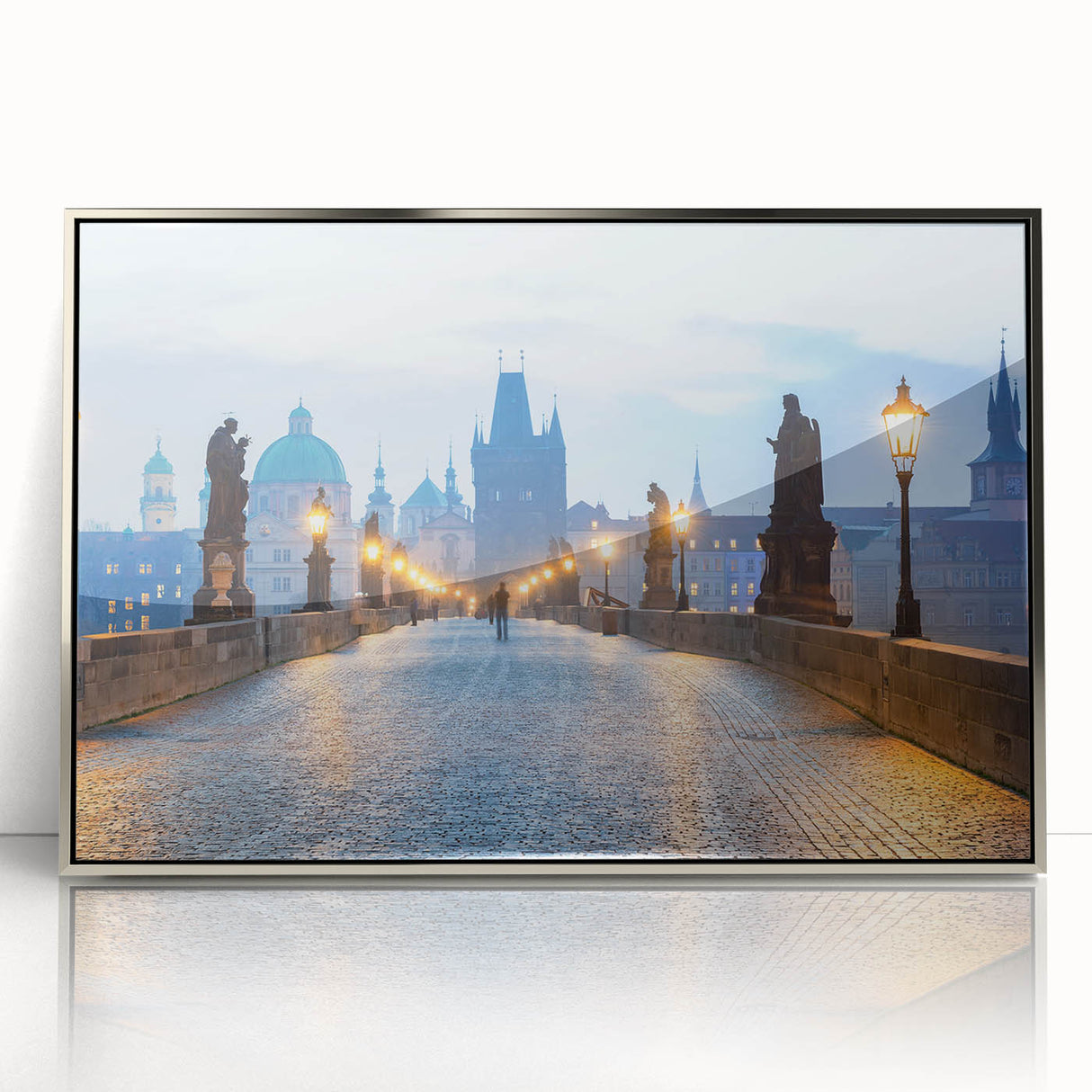 Mid-century modernist art depicting the Prague skyline in muted earth tones on a silver-framed acrylic print.