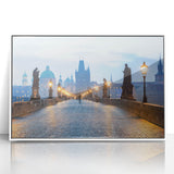 Acrylic print of a European cityscape in art deco style, featuring muted blue and gray tones.