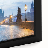 Extra large framed canvas featuring a textured depiction of a Czech Republic scenery in black with colorful accents.