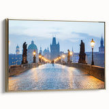 Framed canvas of a vintage-style Czech Republic landscape in black and gold tones, ideal for bedroom wall art.