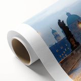 Art Deco poster of a European cityscape in muted pastel shades on rolled canvas, ideal for nursery wall art.