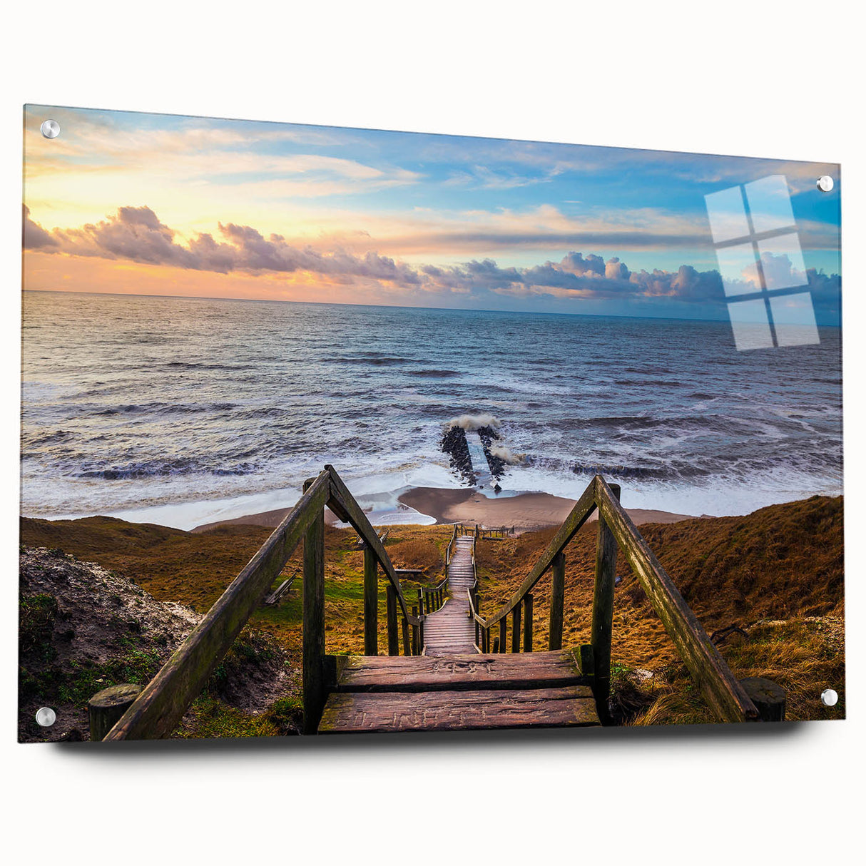 Acrylic print of a serene Denmark landscape, featuring muted green and blue tones, ideal for bedroom or dining room decor.