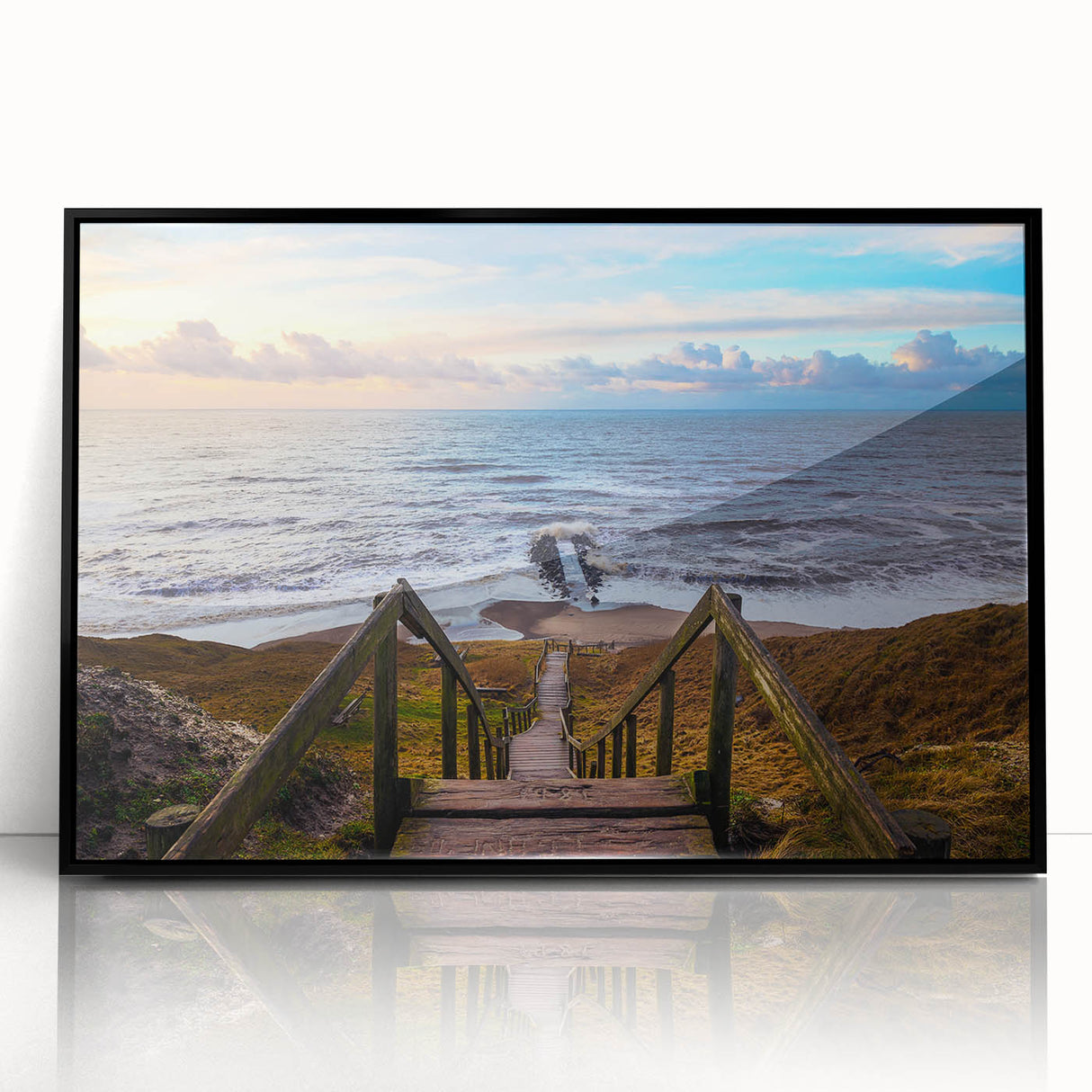 Large abstract wall art depicting a stylized European scenery in muted gray and blue tones on a framed acrylic print.
