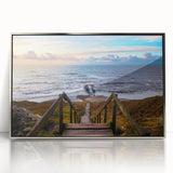 Large art print of a serene Danish landscape in muted greens and blues on a silver-framed acrylic.