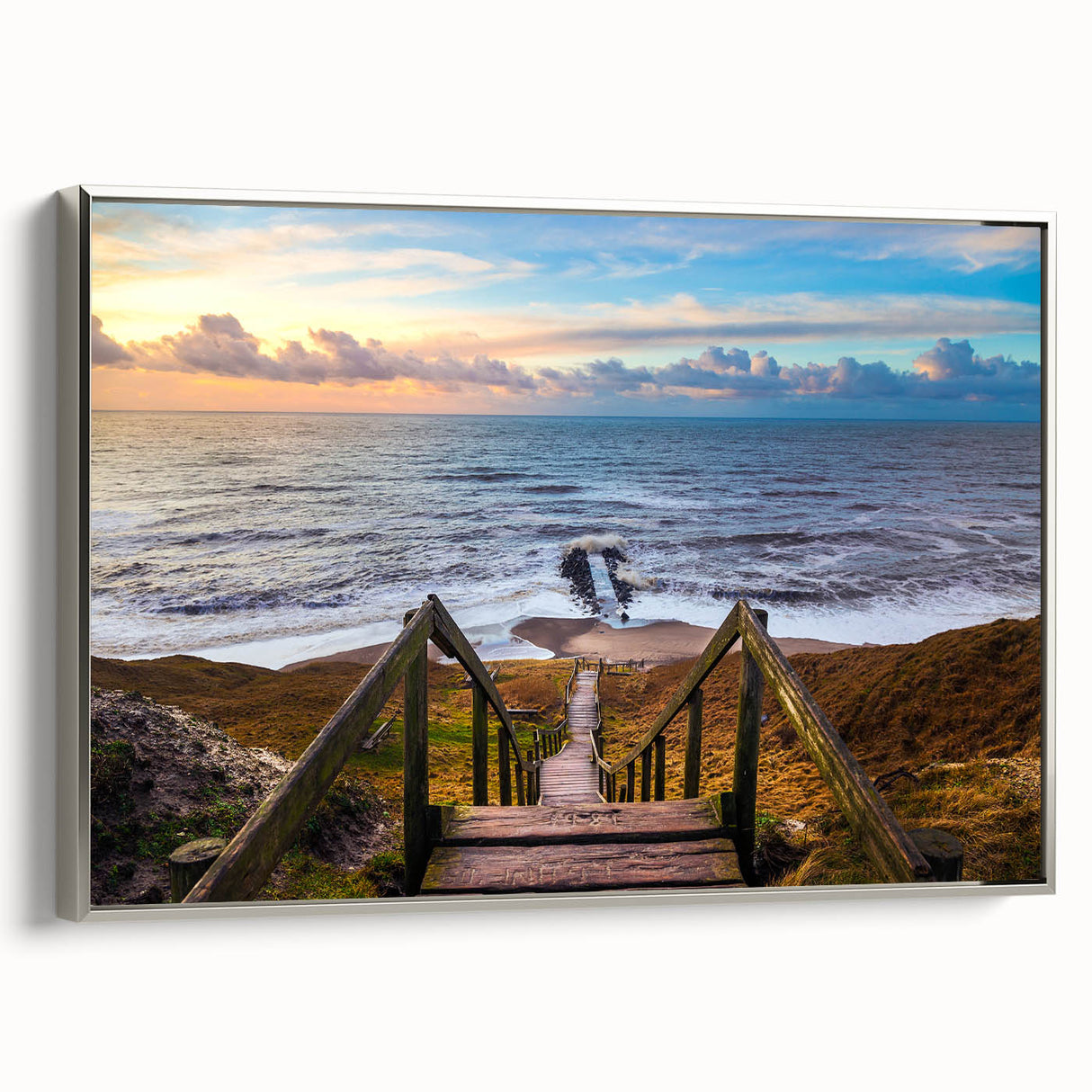 Framed canvas featuring a vintage-style landscape painting of a European scenery in colorful art tones.