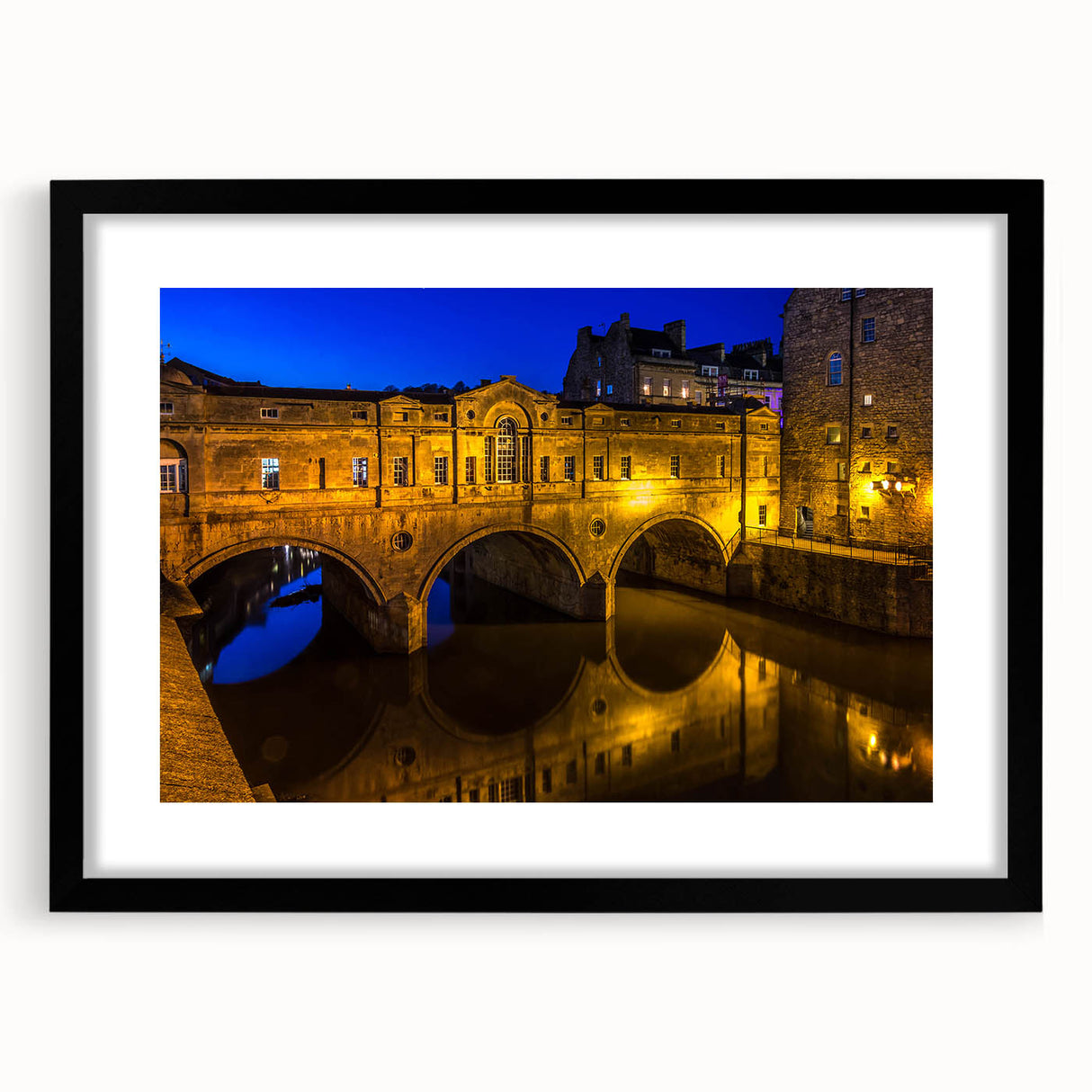 Extra large, textured abstract art print of a colorful European scenery in Bath, England, framed in black.