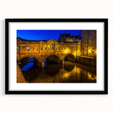 Extra large, textured abstract art print of a colorful European scenery in Bath, England, framed in black.