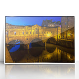 Mid-century modernist art depicting the Bath, England skyline in muted earth tones on a framed acrylic print.