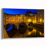 Landscape art painting of Bath, England, featuring colorful vintage poster art on black framed canvas.