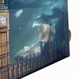 Acrylic print of Big Ben in muted gray tones, ideal for dining room art in a mid-century modernist style.