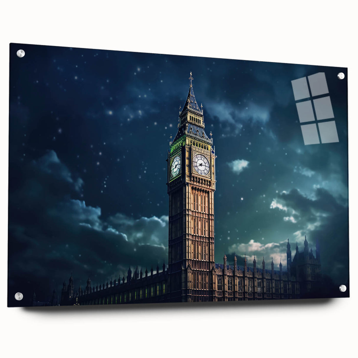 Acrylic print of the Big Ben in muted grayscale tones, suitable for bedroom or dining room decor.