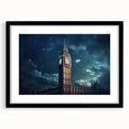 Colorful abstract art print of Big Ben with textured details, framed in black, ideal for living room decor.