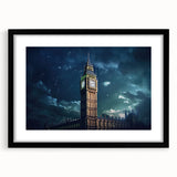 Colorful abstract art print of Big Ben with textured details, framed in black, ideal for living room decor.