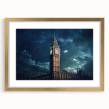 Abstract art print of Big Ben with soft gray and blue tones on a framed canvas, suitable for dining room decor.