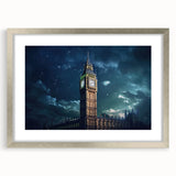 Extra large wall art of Big Ben in textured grays and silvers, framed with a mat in a silver frame.