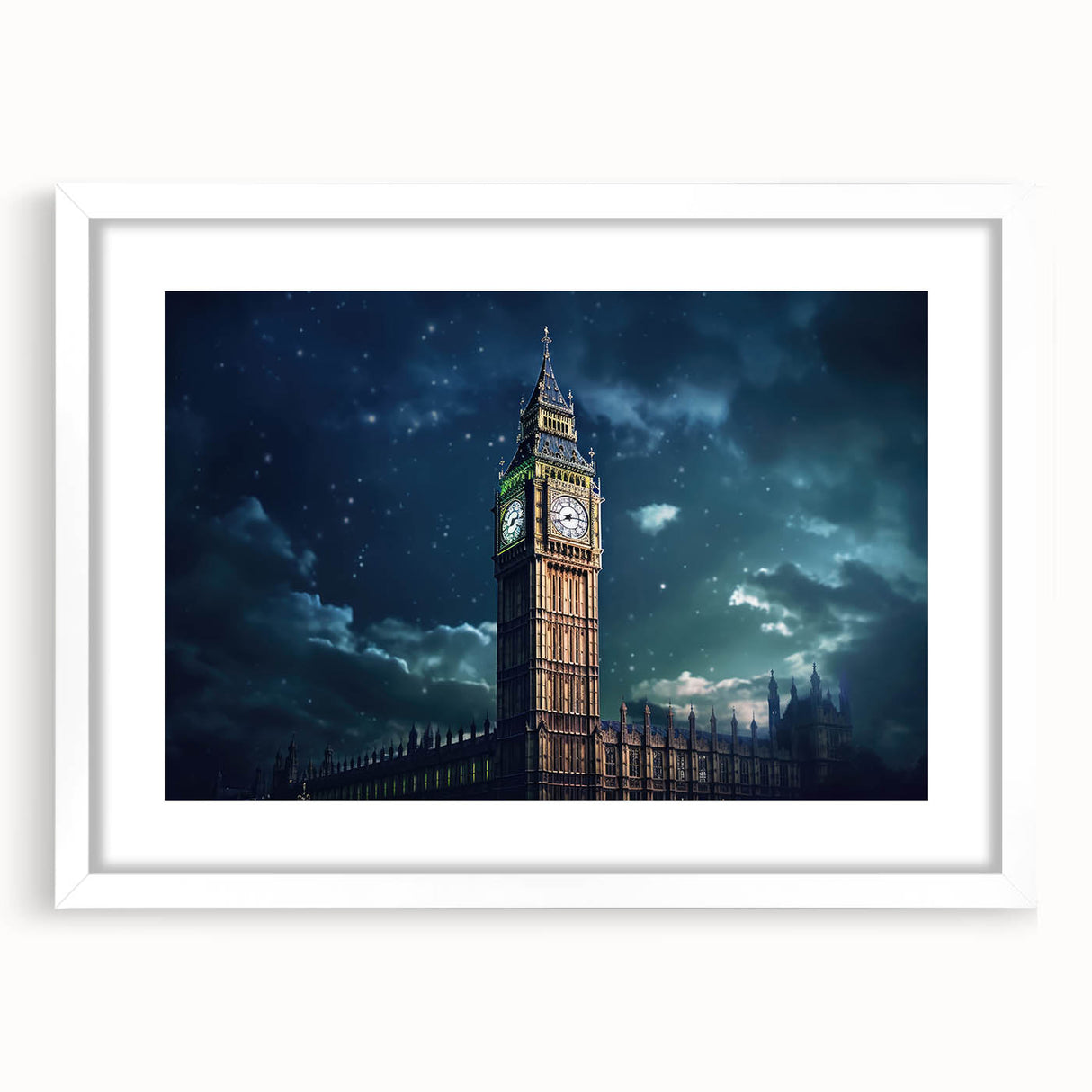 Textured art print of Big Ben in abstract style with muted earth tones on a framed white canvas, suitable for bedroom decor.