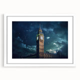 Textured art print of Big Ben in abstract style with muted earth tones on a framed white canvas, suitable for bedroom decor.