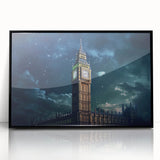 Large abstract wall art depicting Big Ben in muted gray tones on a framed acrylic print.