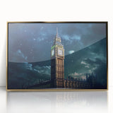 Art deco poster of Big Ben in muted gold and black tones, acrylic print framed, suitable for modern art wall decor.