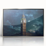 Large art print of Big Ben with muted gray and silver tones on a framed acrylic, suitable for modern art wall decor.