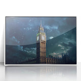 Mid-century modernist art of Big Ben with muted gray and blue tones on a framed acrylic, ideal for nursery wall decor.