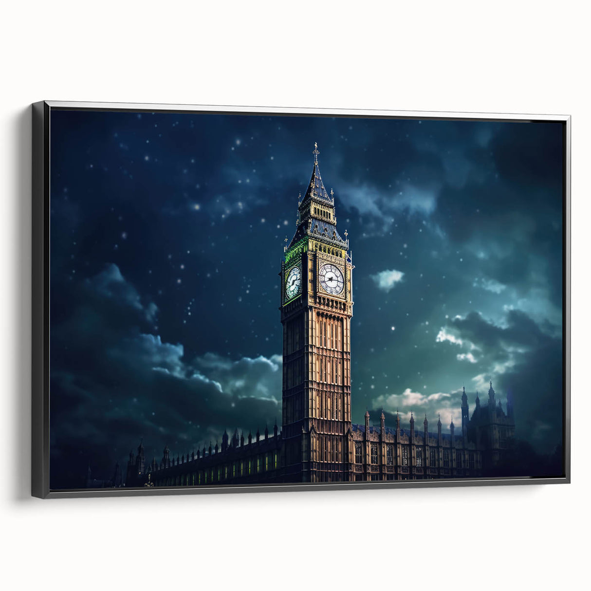 Black and white framed canvas of Big Ben in a vintage poster style, ideal for bedroom wall decor.