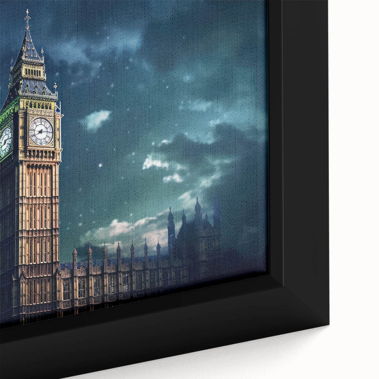 Extra large framed canvas featuring a close-up of Big Ben with a textured black background and colorful accents.