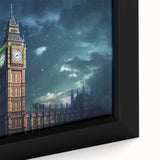 Extra large framed canvas featuring a close-up of Big Ben with a textured black background and colorful accents.
