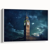 Vintage poster art of Big Ben with colorful accents on a large framed canvas, ideal for living room decor.
