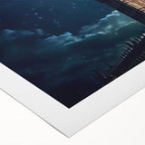 Art deco poster of Big Ben with muted gray and blue tones on rolled canvas, suitable for dining room wall decor.