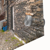 Mid-century modernist acrylic glass print of abstract European scenery in muted earth tones, ideal for dining room art.