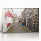 Acrylic print of Cumbria's landscape in silver frame, mid-century modernist style with muted earth tones.