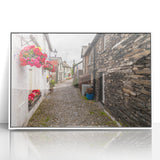 Mid-century modernist art depicting Cumbria's landscape in muted greens and blues on a framed acrylic.