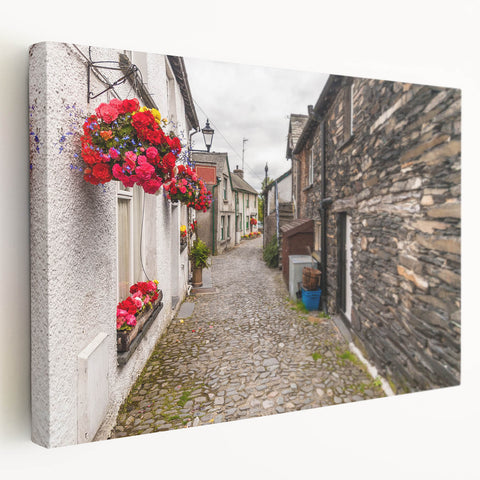 Large art depicting the Cumbria landscape in muted green and blue tones on stretched canvas, ideal for kitchen wall art.