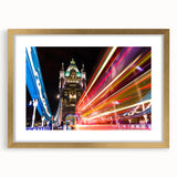 Abstract art print of London scenery in muted gold and blue tones, framed with a gold mat, suitable for dining room decor.